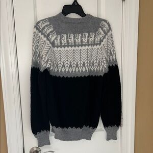 Gray and Black Patterned Sweater with llama designs made from Ecuador